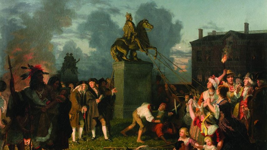 A painting of a chaotic scene at dusk shows white crowds in colonial garb pulling down a statue. A Native couple is silhouetted in hte foreground.