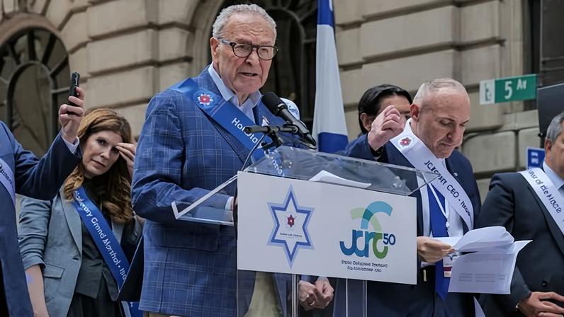 Chuck Schumer, the Senate minority leader, speaks at the Israel Day parade in New York on 31 May 2026.