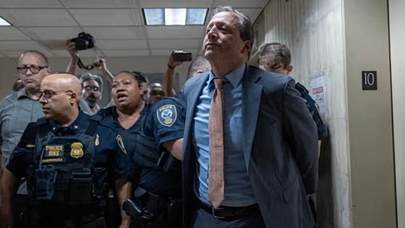 Brad Lander is arrested inside lower Manhattan’s federal building after demanding access to an Immigration and Customs Enforcement (ICE) holding area on the building’s 10th floor on 18 September 2025.
