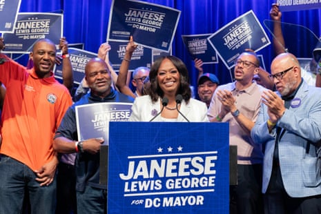 Janeese Lewis George speaks to a crowd at an election night party at the Howard Theatre on 16 June 2026 in Washington DC.