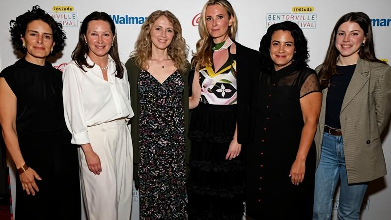Jennifer Siebel Newsom, centre-right, and, from left, Camille Servan-Schreiber, Wendy Guerrero, Allie Phillips, Jenelle Riley and Gretchen Miller at the Bentonville film festival in Arkansas on Wednesday.