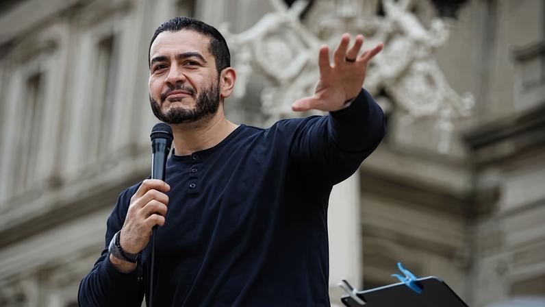 Abdul El-Sayed, a former Wayne county health director, speaks at a protest on 5 April 2025.