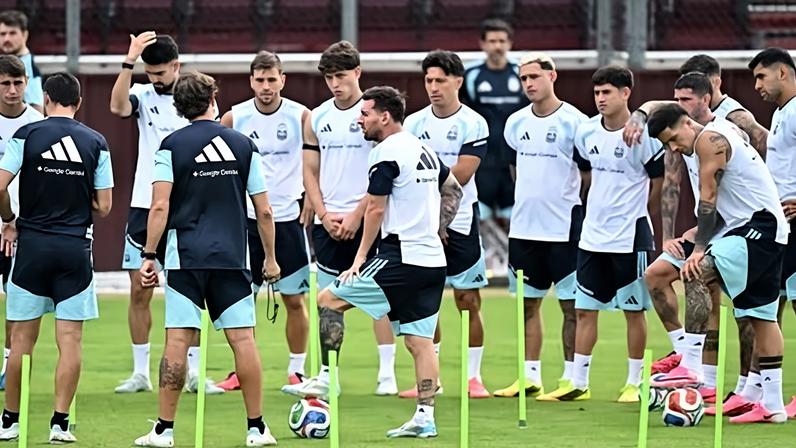 Argentina's Lionel Messi on the ball with teammates during training. Photograph: Maria Lysaker/Imagn Images/Reuters