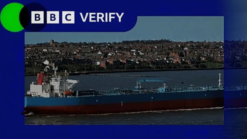 BBC The Forwarder anchored at port. The tanker is imposed over the BBC Verify colours and branding.