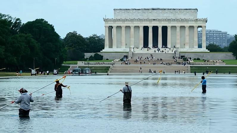 National park workers use vacuums to remove algae from the bottom of the pool.