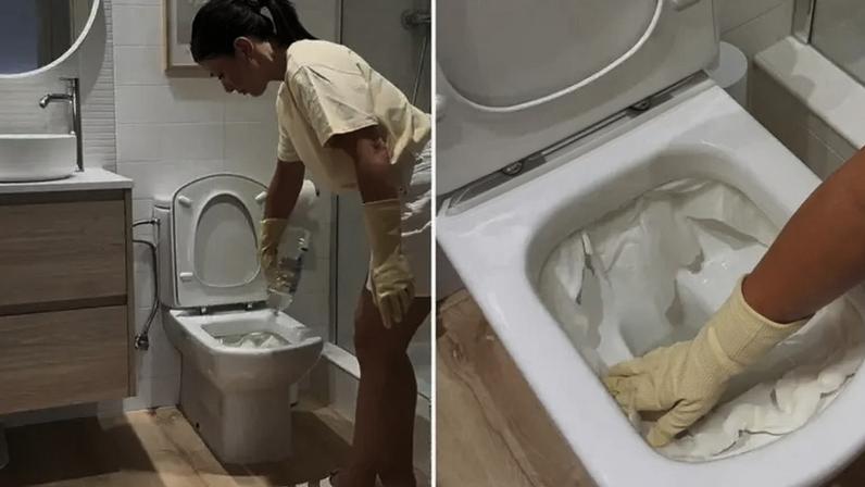 Especialista em limpeza recomenda usar papel-toalha nas bordas para limpar calcário do vaso
