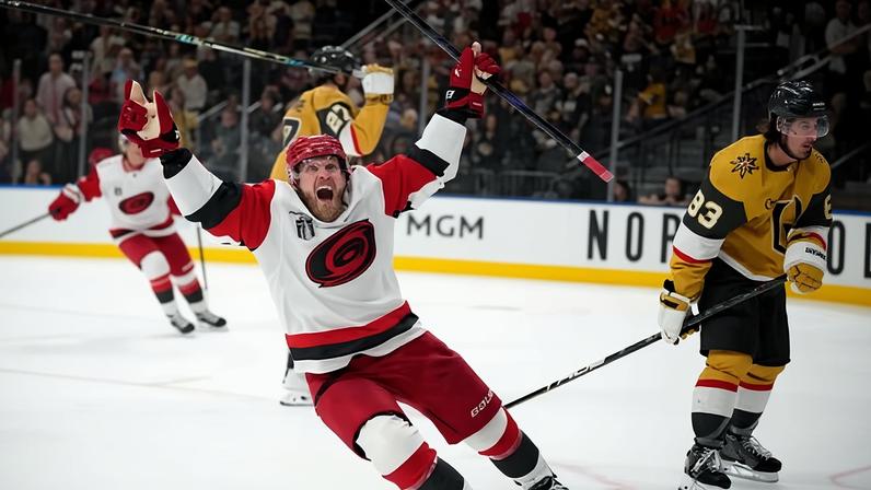 Carolina Hurricanes left wing Nikolaj Ehlers celebrates as his team make their way to victory in Game 6 of the Stanley Cup Final.