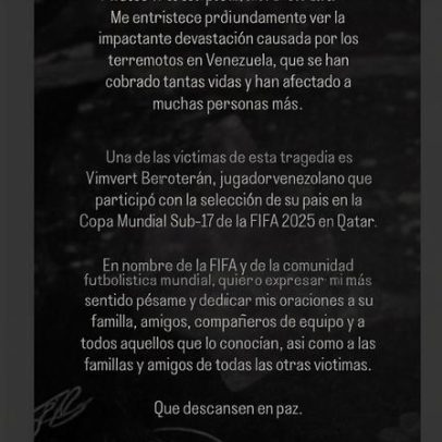 Fifa divulga comunicado sobre morte de jogador em terremoto na Venezuela
