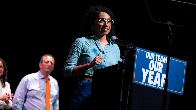 Darializa Avila Chevalier campaigns at a joint rally alongside Brad Lander and Claire Valdez at King's Theater in Brooklyn, New York on 18 June 2026.