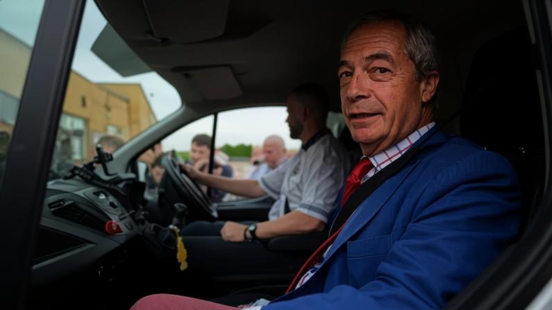 Nigel Farage and Reform’s Makerfield byelection candidate, Rob Kenyon, drive away after casting their vote on Thursday.