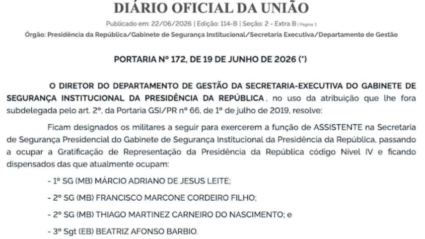 Edição extra do Diário Oficial retificou nomes de sargentos indicados para a Secretaria de Segurança Presidencial