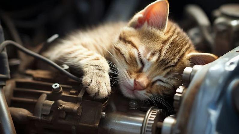 Gato dormindo dentro do motor quente do carro. Foto de: Firn/Adobe Stock gerado por IA