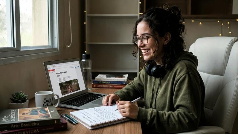 Estudante se prepara para o Enem 2026 acompanhando aulas on-line gratuitas e fazendo anotações em seu ambiente de estudo - (crédito: Divulgação)