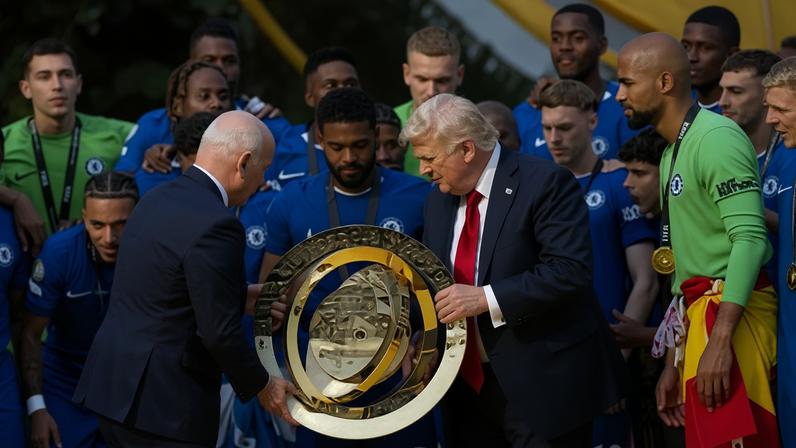 Gianni Infantino and Donald Trump hand the Club World Cup to Chelsea’s Reece James in 2025. Infantino said Trump would join him to present the men’s World Cup this summer.