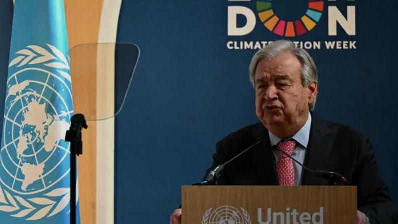 O secretário-geral da ONU, António Guterres, discursa no Fórum de Inovação Climática, no âmbito da Semana de Ação Climática de Londres, no Guildhall, no centro de Londres, em 23 de junho de 2026.