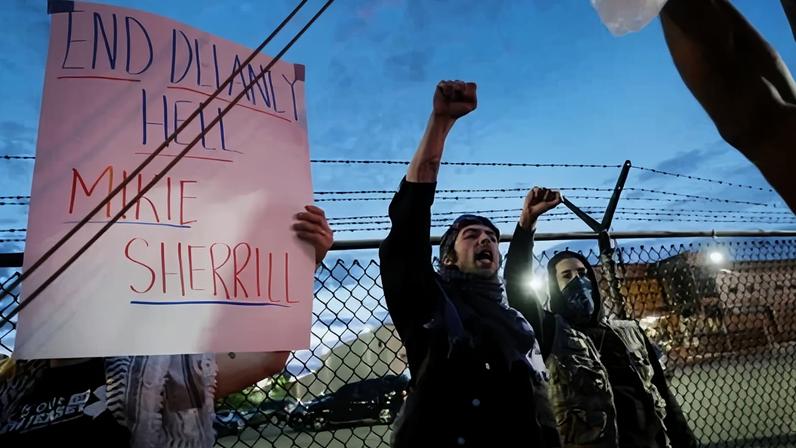A demonstration near Delaney Hall in Newark, New Jersey, where ICE is detaining immigrants, on 2 June.