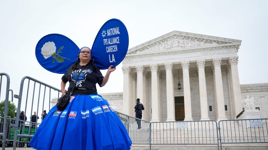 Protestors gather outside the Supreme Court during oral arguments for two cases regarding the Trump administration ending the Temporary Protected Status program for Syrians and Haitians, on April 29, 2026, in Washington, DC.