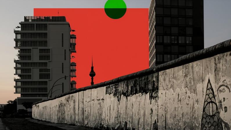 BBC A treated image showing the Berlin Wall with housing blocks on the other side, and the Berlin Television Tower in the distance. The photograph is overlaid with a red square and green dot as design elements