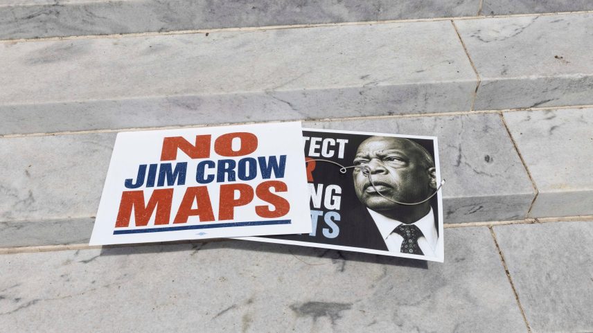 Protest signs lie on the steps of the Alabama State Capitol building during the National Day of Action: All Roads Lead to the South rally against redistricting efforts, in Montgomery, Alabama, on May 16, 2026. Alyssa Pointer, REUTERS