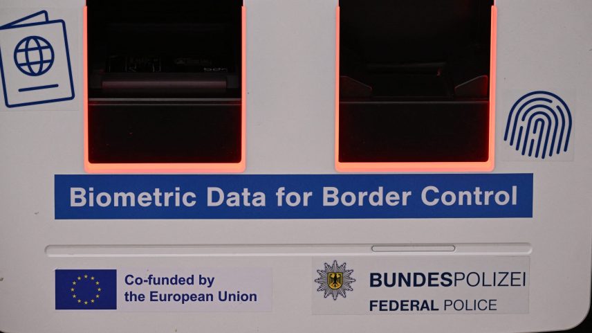 A device for biometric data for border control is pictured at the Terminal 3 at the Frankfurt International airport on the day of the official inauguration of new Terminal 3 on April 22, 2026 in Frankfurt, western Germany. (Photo by Kirill KUDRYAVTSEV / AFP via Getty Images)