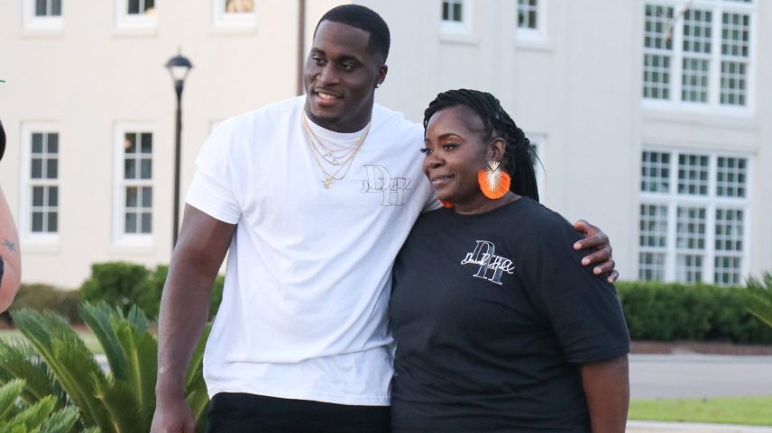 Seattle Seahawks linebacker Derick Hall and his mom, Stacy Gooden-Crandle.