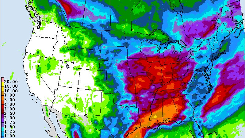 The projected 7-day rainfall outlook from the National Weather Service shows the potential for heavy rain and potential flooding along the Gulf Coast.