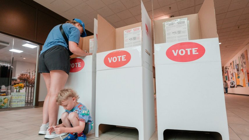 Lydia Wells votes with her son Roland Wells at Northpark Mall on Election Day in Oklahoma City Tuesday, June 16, 2026.