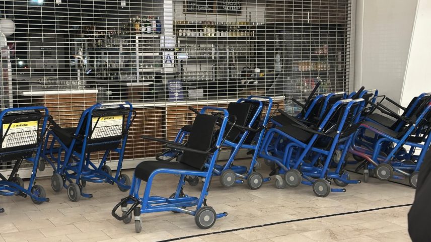 Airport wheelchairs bunched together at John F. Kennedy Interantional Airport in New York.