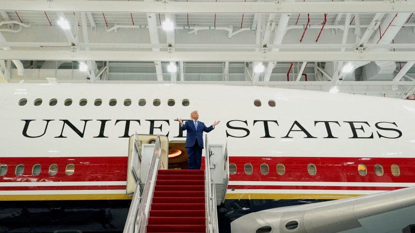 President Donald Trump gestures as he tours the VC-25B aircraft gifted by Qatar that will be used as Air Force One, at Joint Base Andrews, June 19, 2026.