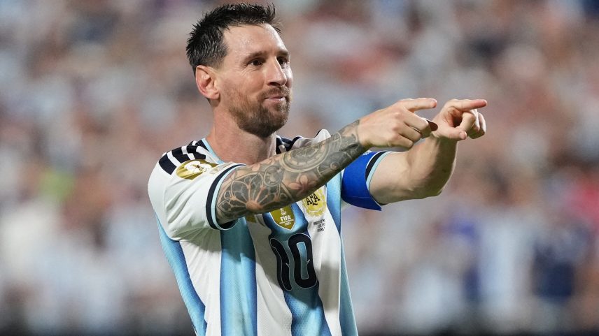 Lionel Messi celebrating after scoring his 17th World Cup goal