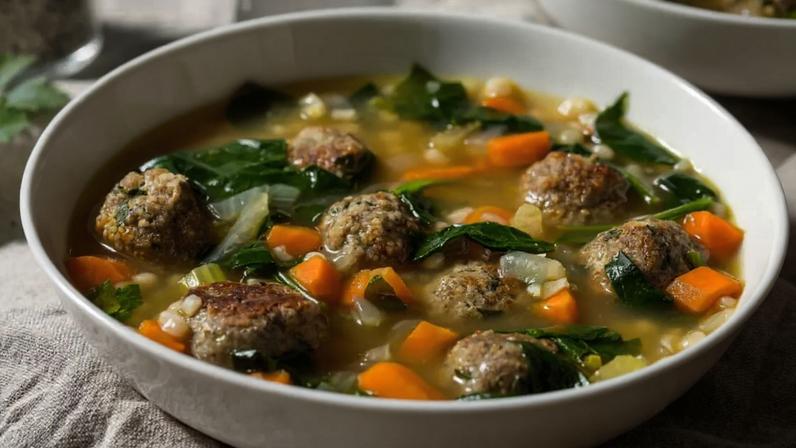 Sopa rica em proteínas com almôndegas e espinafre