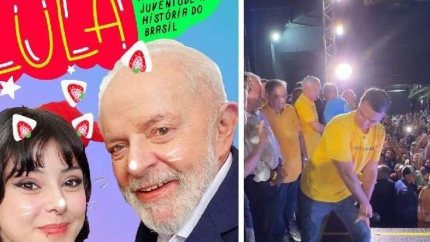 Montagem mostra Lula ao lado de uma jovem com orelhas de gatinho. A outra foto mostra Flavio Bolsonaro dançando funk