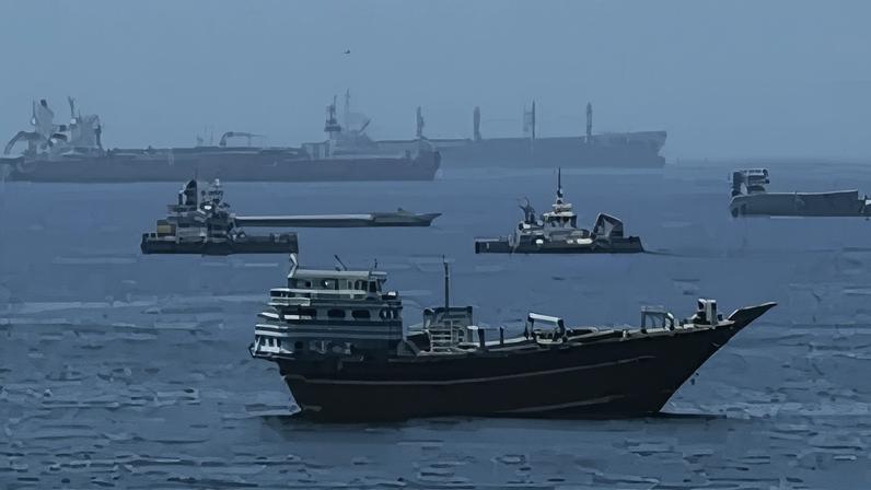 BBC An image of ships in the Gulf of Oman with Verify branding
