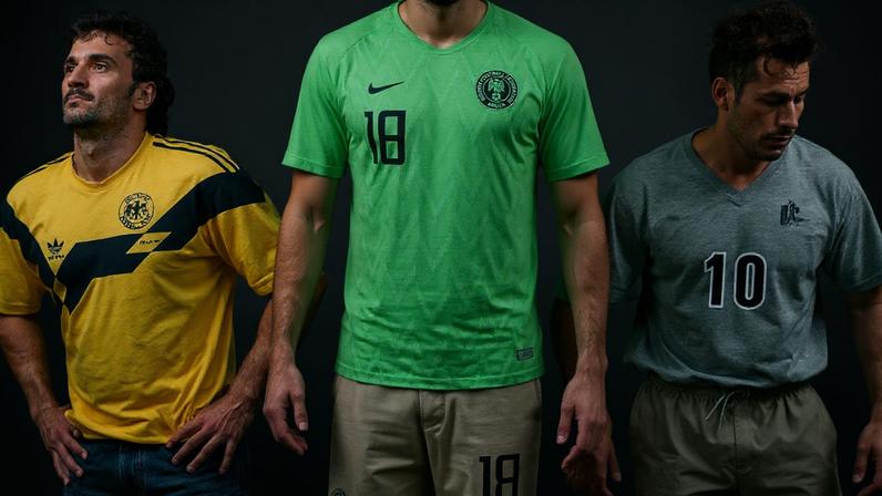 Arte gráfica com as camisas da Alemanha Ocidental de 1990, da Nigéria de 2018 e dos Estados Unidos de 1994