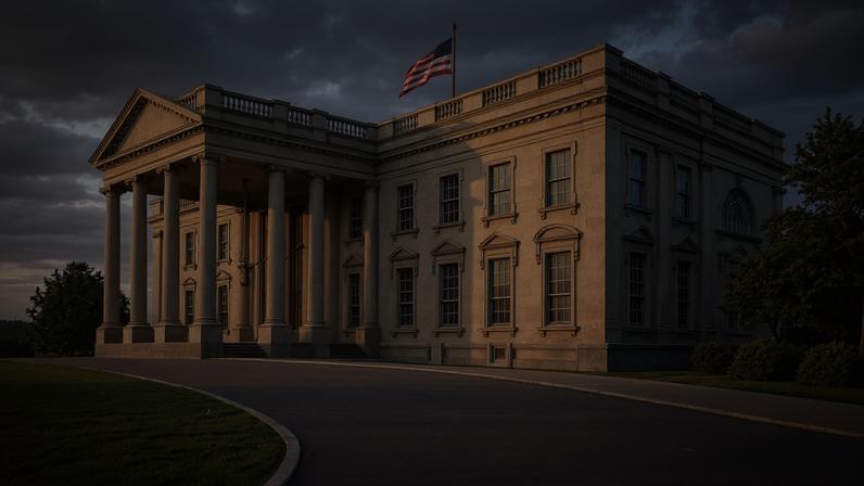A black-and-white illustration of the White House.