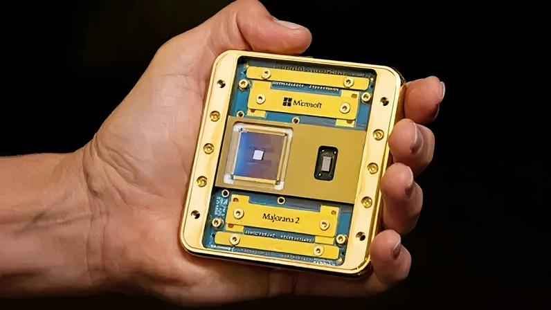 Microsoft A hand holding the Majorana 2 chip in its palm. Including its housing the chip appears to be about the size of a beer mat. It consists of a gold plated metal frame and sits on a dark blue-green board bearing its name. The chip itself is a small silvery square on a dark gunmetal blue square with very fine gold circuitry visible.