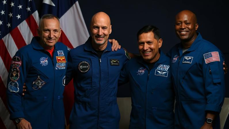 O comandante astronauta da Nasa, Randy Bresnik, o piloto astronauta da ESA (Agência Espacial Europeia), Luca Parmitano, o especialista em missões da NASA, Frank Rubio, e o especialista em missões Andre Douglas discursam durante uma coletiva de imprensa anunciando a tripulação da Artemis III - (RONALDO SCHEMIDT/AFP)