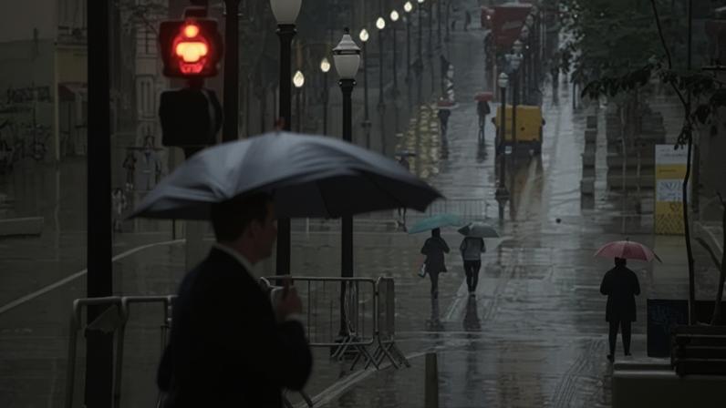 Pedestres se protegem do frio e da chuva no centro da cidade de São Paulo nesta segunda-feira (26)