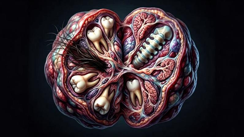 Teratomas podem conter dentes, cabelos e ossos. (Foto: Fala Ciência via Gemini)