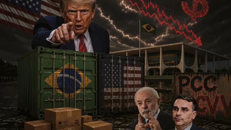 Montagem com Donald Trump apontando, acima de contêineres com bandeiras do Brasil e EUA. Ao fundo, o Congresso Nacional, um cifrão e gráfico em queda. Abaixo, caixas de papelão e os rostos de Lula e Bolsonaro
