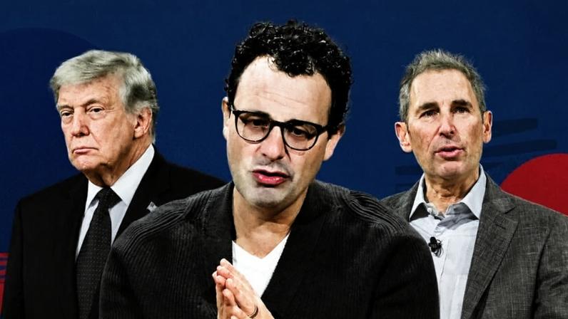 Imagem criada com IA Andy Jessy, CEO da Amazon, Dario Amodei, CEO da Anthropic e Donald Trump, presidente dos EUA