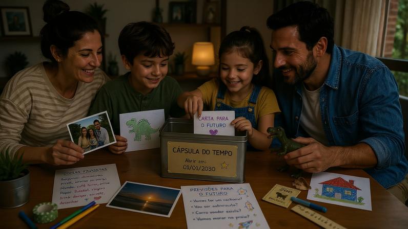 Coloque em uma caixa objetos, mensagens e lembranças para serem descobertos no futuro