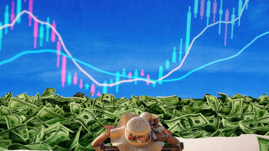 American sitting on a beach in front of a sea of Money