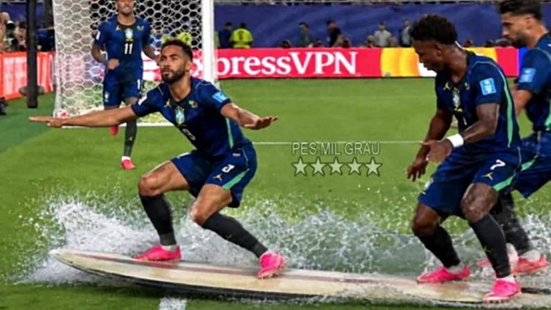 Na imagem, um meme sobre a comemoração dos gols do atacante Matheus Cunha, que faz referência ao surfe. Com a vitória, seleção brasileira somou 4 pontos e ocupa o 1º lugar do Grupo C na Copa do Mundo 2026
