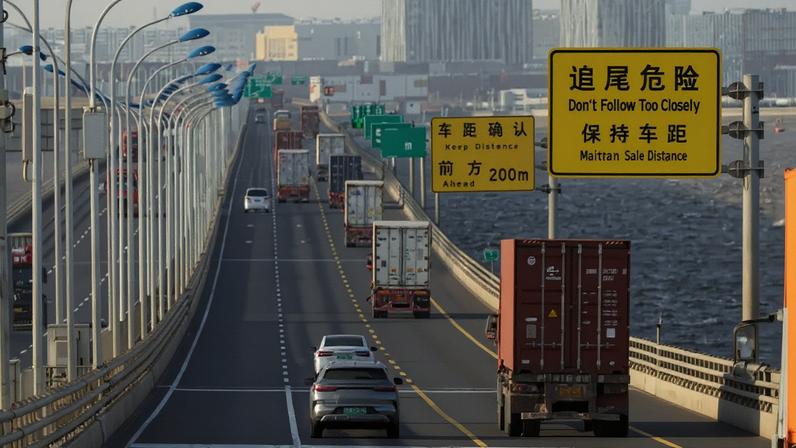 Caminhões atravessam a ponte Donghai na saída do porto Yangshan, em Xangai, China 07/02/2025 REUTERS/Go Nakamura