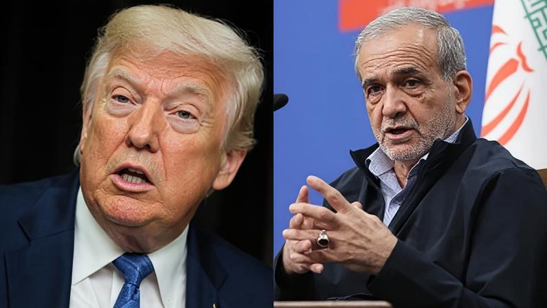O presidente dos EUA, Donald Trump, e o presidente do Irã, Masoud Pezeshkian