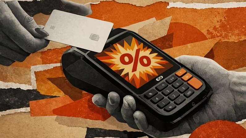 Ilustração de uma pessoa pagando com cartão por aproximação