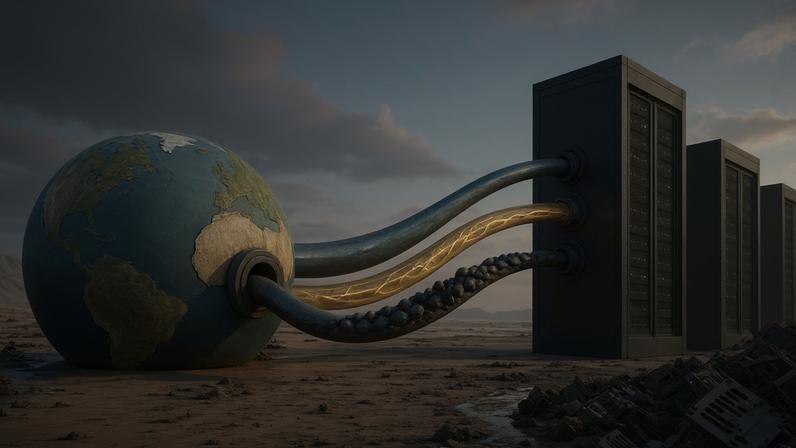 A expansão dos data centers que sustentam a inteligência artificial tem levantado preocupações sobre consumo de energia, água e geração de resíduos eletrônicos (Imagem gerada por IA)