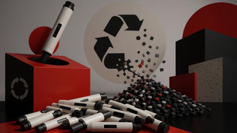 Novo Nordisk já aplica plástico reciclado das canetas em setor industriais na Dinamarca, como construção e mobiliário, e avalia solução própria no Brasil (Imagem gerada por IA/Exame)