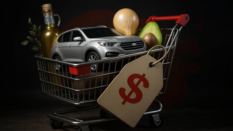 Ilustração de um carrinho de supermercado com uma tag de preço; dentro dele uma garrafa de azeite, um carro, uma lâmpada e um abacate